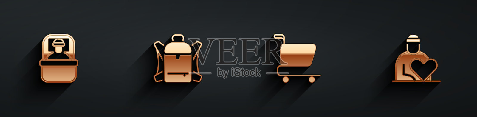 设置睡袋、徒步背包、购物车图标素材