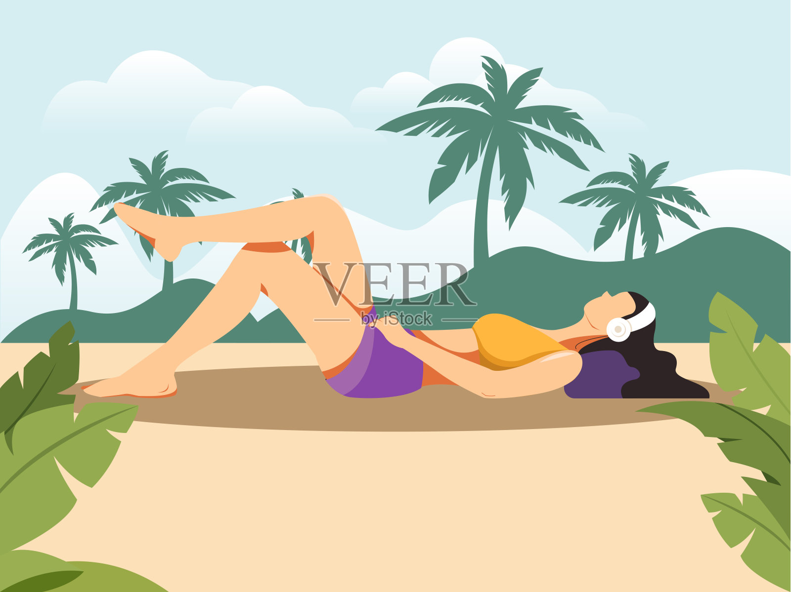 女孩在沙滩上放松，听音乐。夏天日光浴卡通插画图片素材