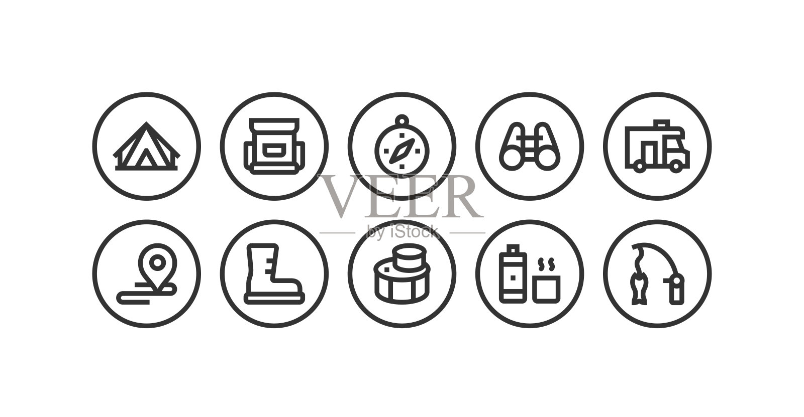 采购产品户外娱乐，露营，背包，指南针，大篷车，钓鱼图标插画图片素材