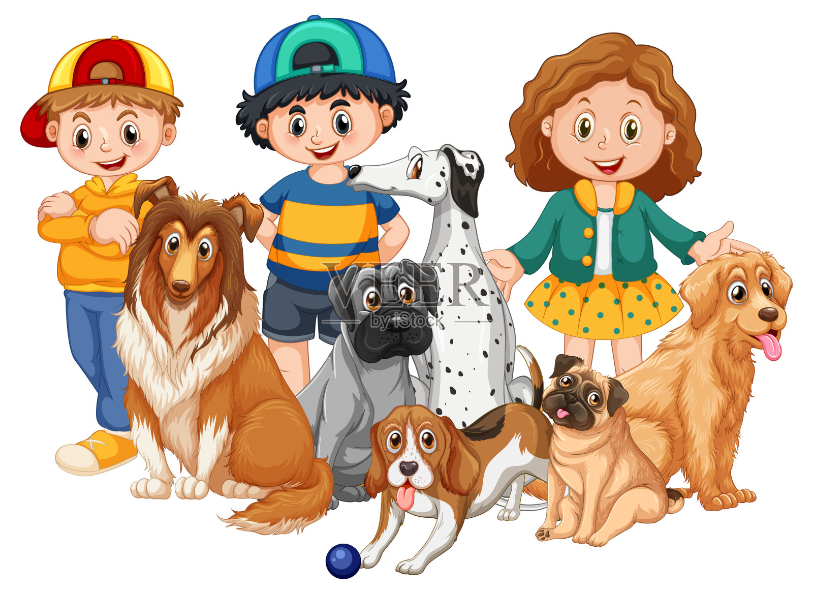 微笑的孩子和他们的狗插画图片素材