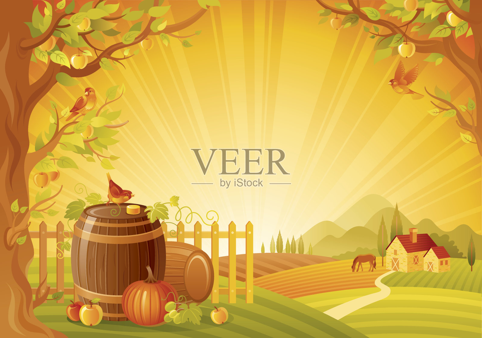 秋景与木桶插画图片素材