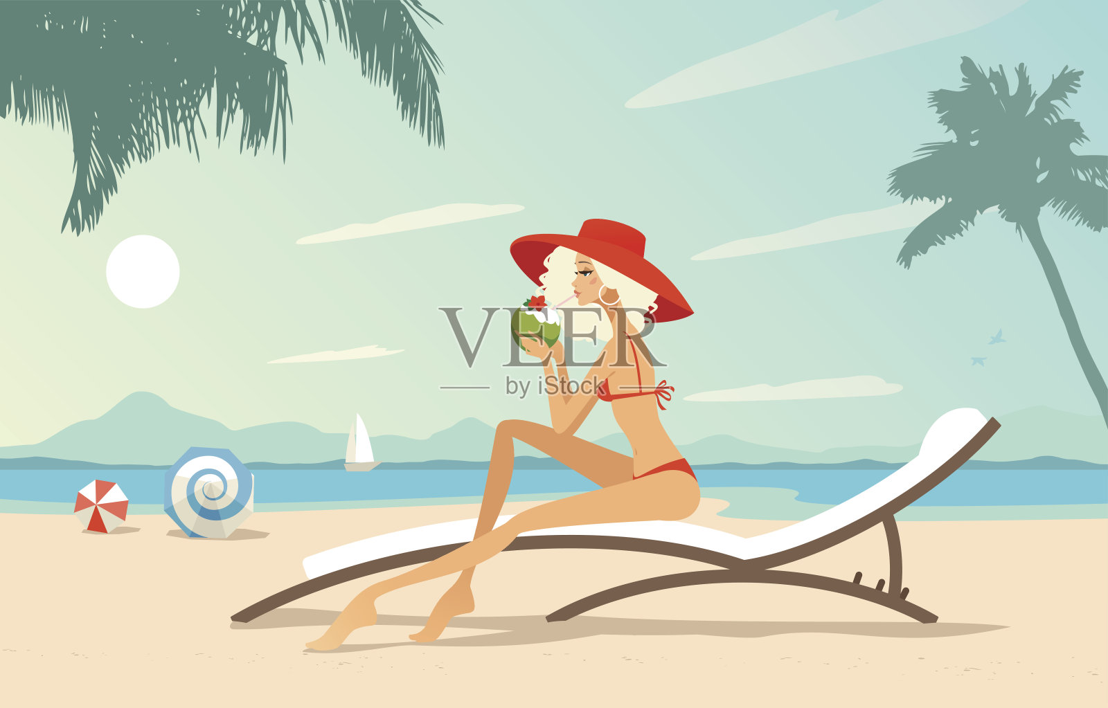 年轻女子在海滩上休息插画图片素材