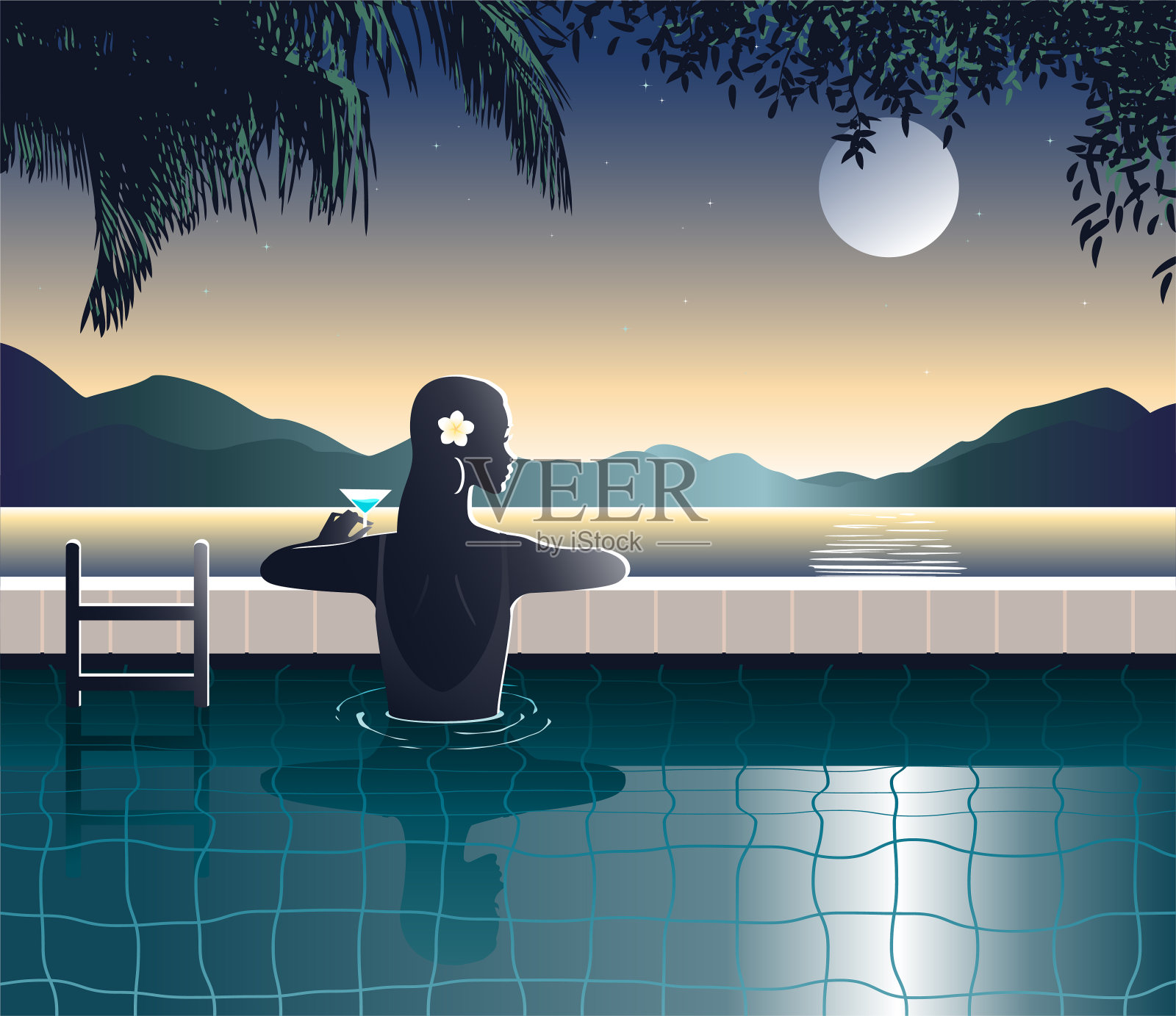 晚上在游泳池里的女人插画图片素材