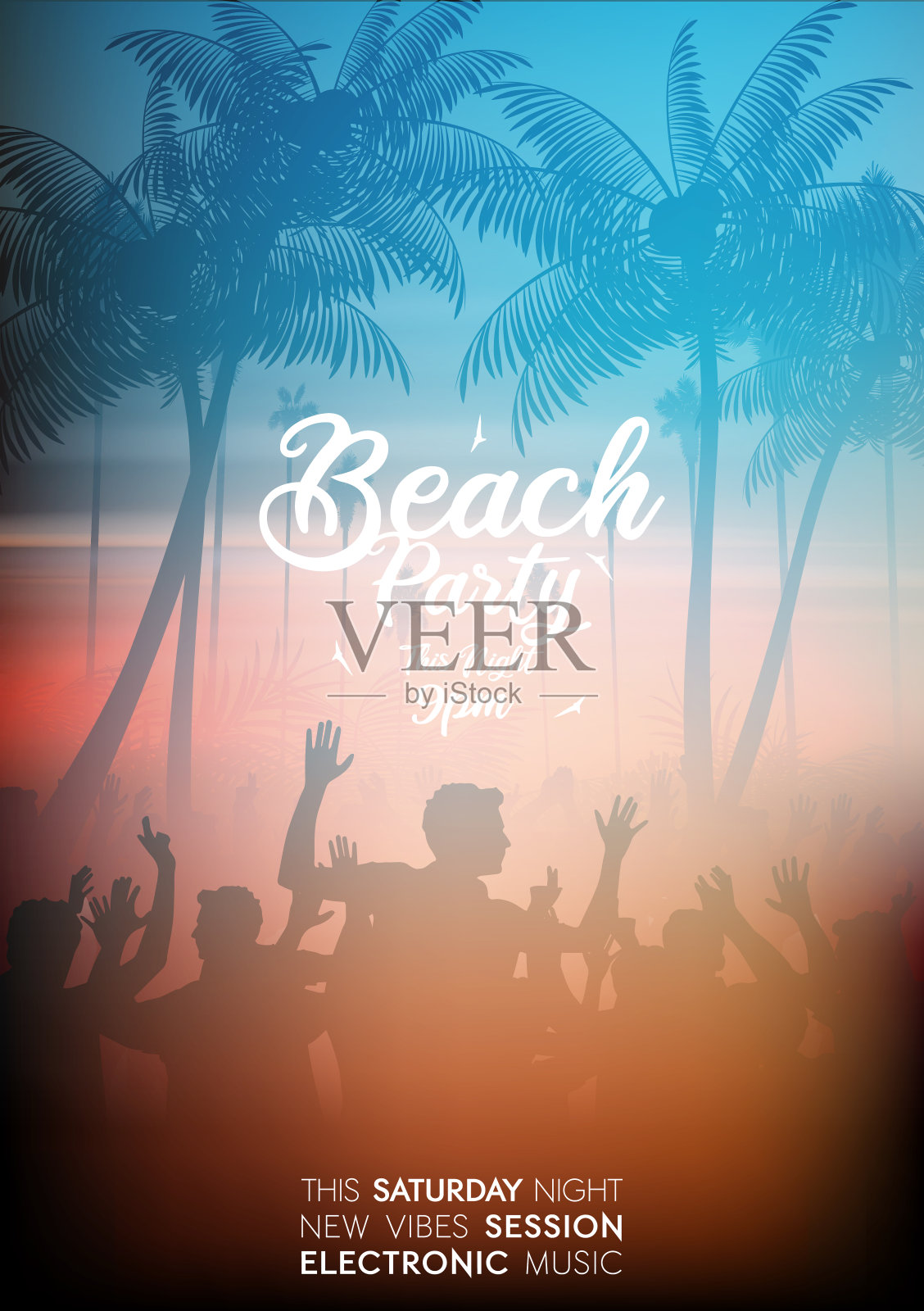 夏季海滩派对海报与热带海滩在晚上插画图片素材