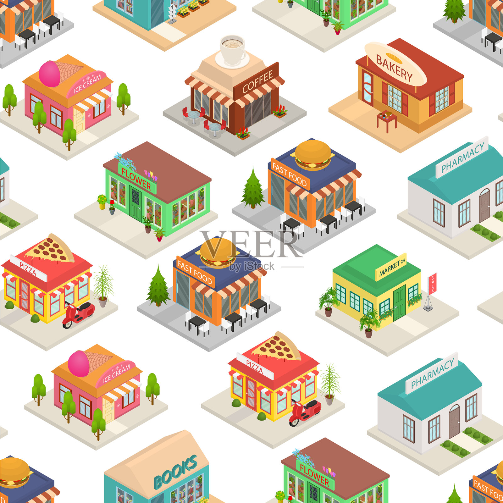 商业城市店铺标志3d无缝图案插画图片素材