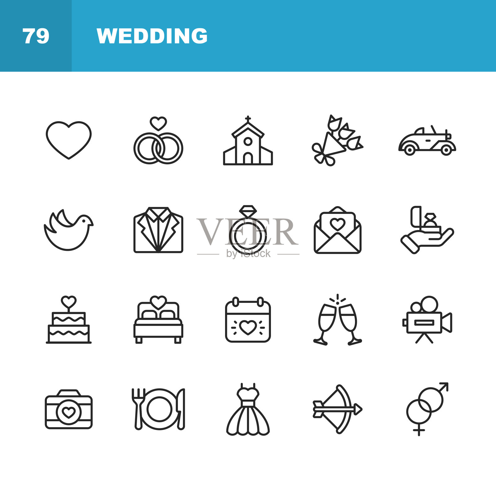 婚礼的图标。可编辑的中风。像素完美。移动和网络。包含如婚礼，心，爱，鸽子，燕尾服，婚纱，香槟，订婚戒指，相机，摄影，教堂。图标素材