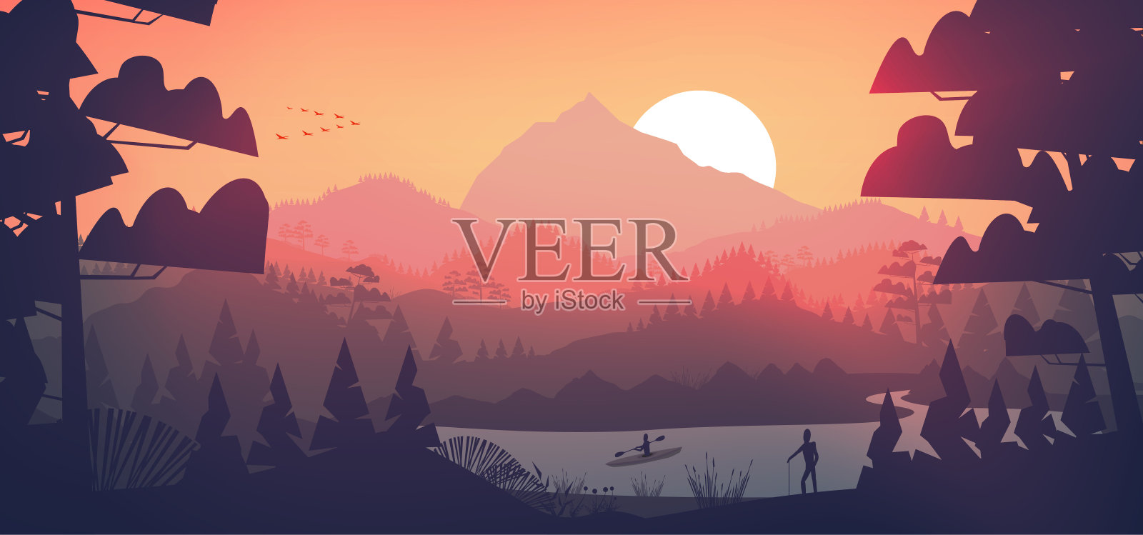 平坦的最小湖与松树林，和山日落插画图片素材