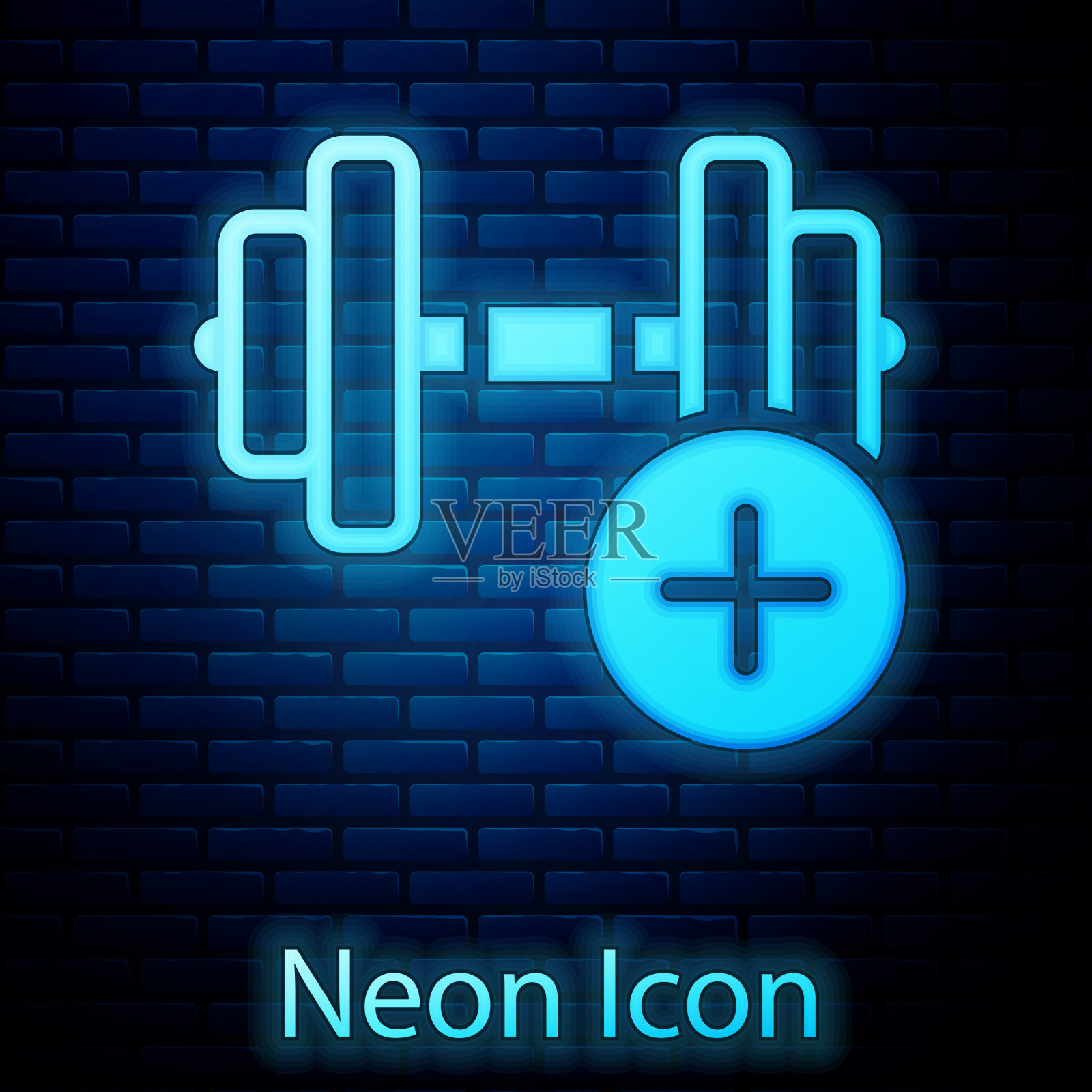 发光的霓虹灯哑铃图标孤立在砖墙图标素材