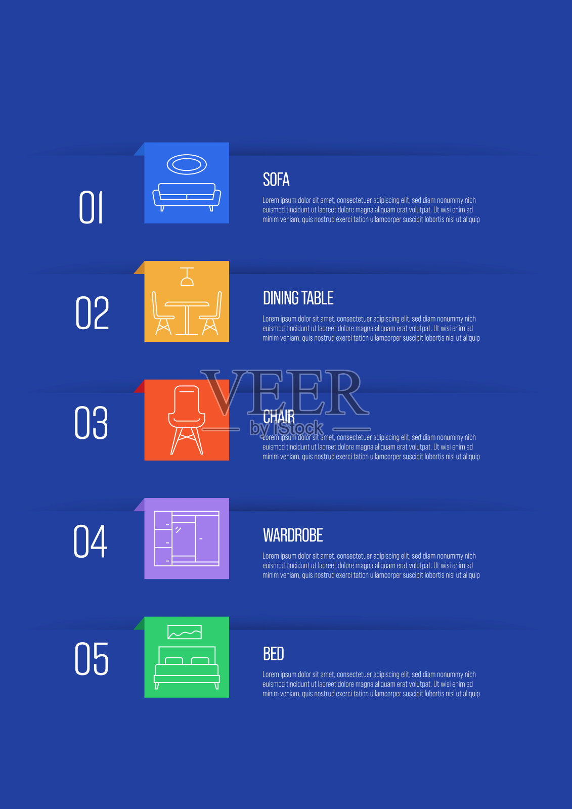 家具概念矢量线信息图设计与图标。5选项或步骤的展示，横幅，工作流程布局，流程图等。插画图片素材