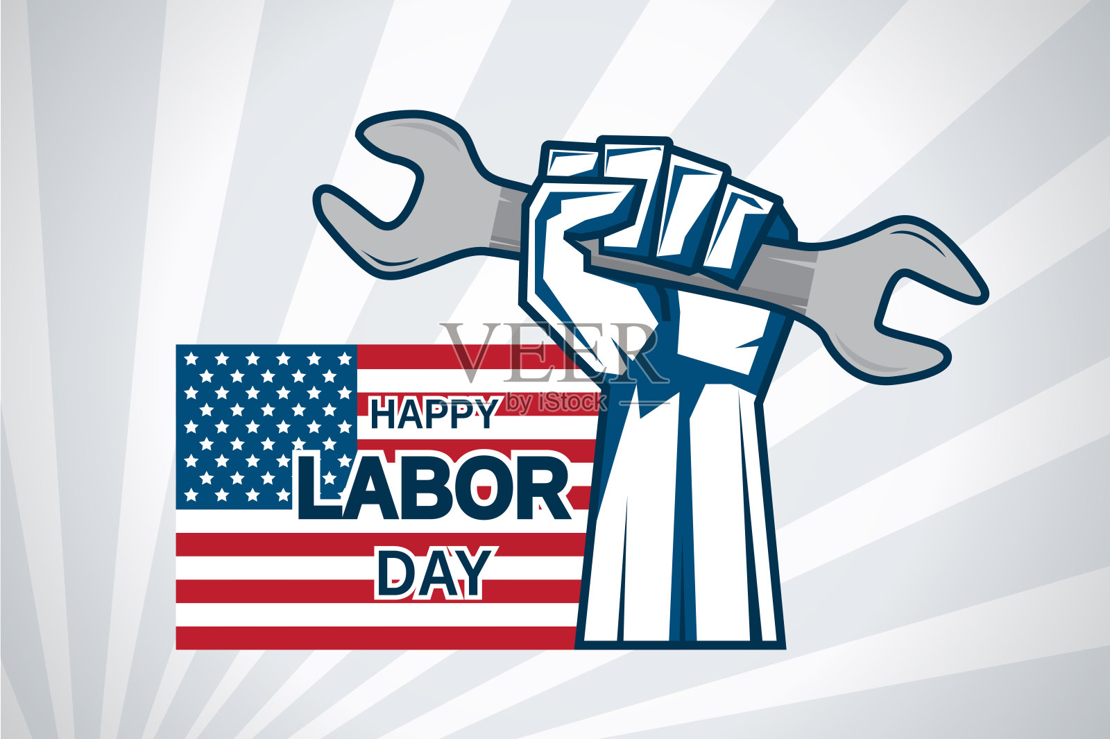 劳动节卡片手持扳手和美国国旗。向量插画图片素材