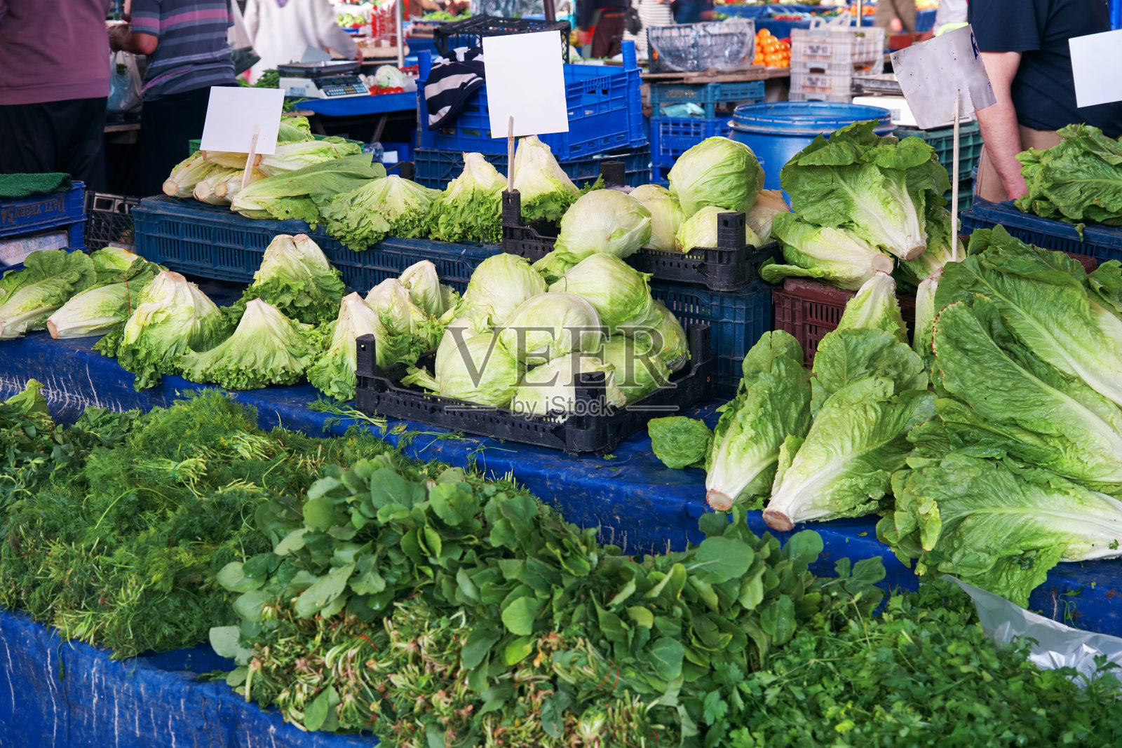 农贸市场的摊位上挂着空标签的绿色食品。照片摄影图片