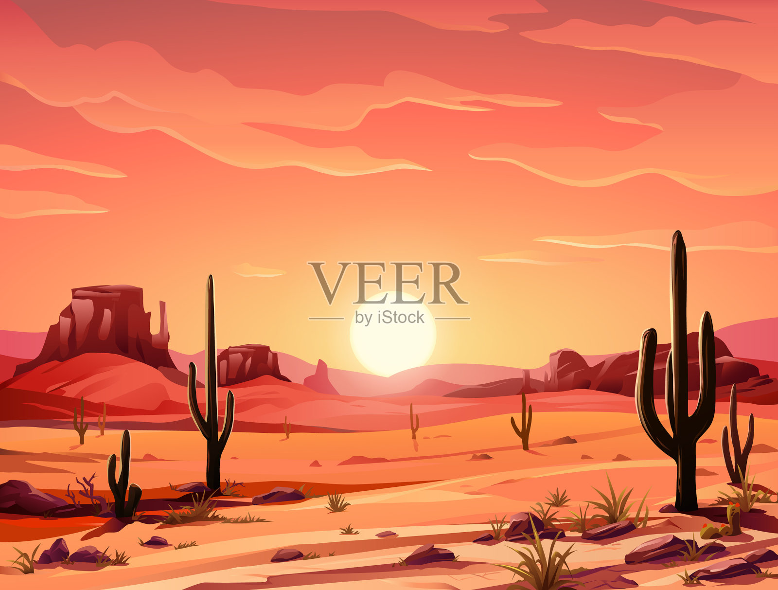 美丽的沙漠日落插画图片素材