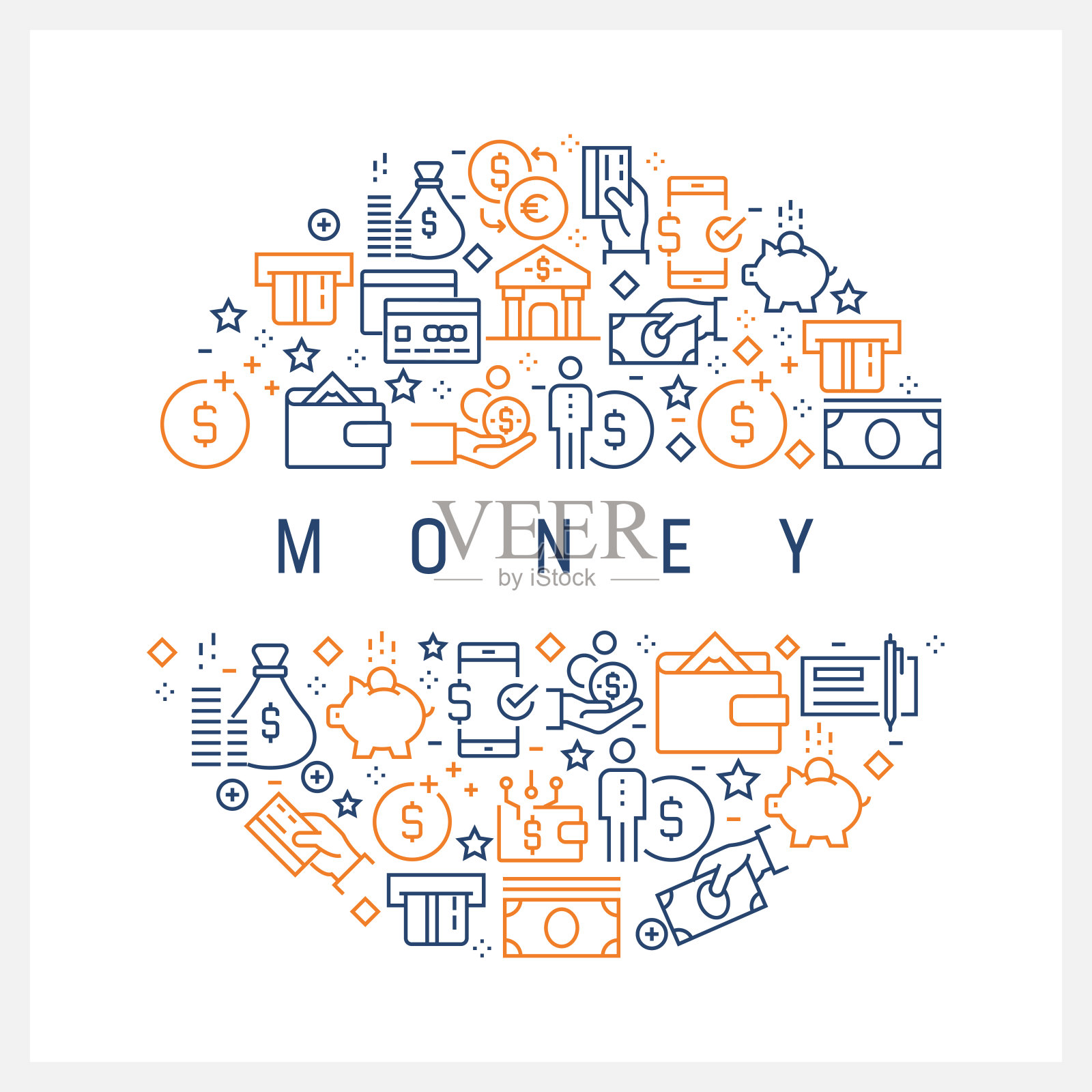 钱的概念-彩色线图标，安排在圆形插画图片素材