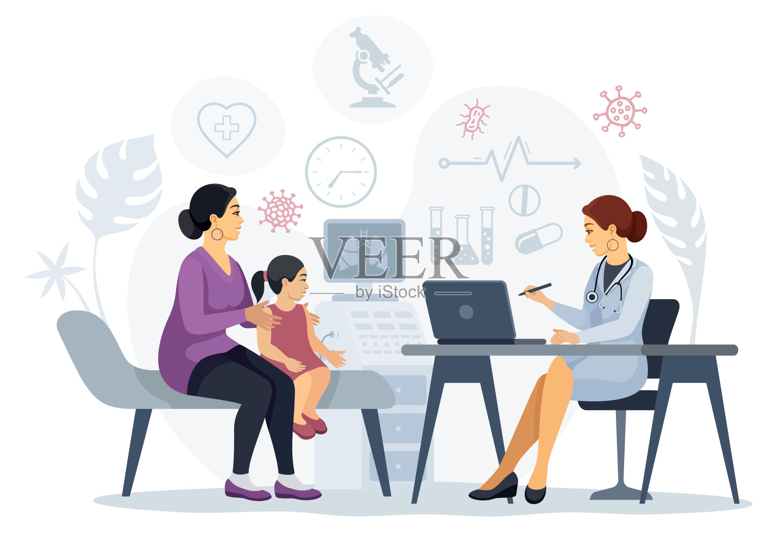 探望儿科医生的母亲和孩子。插画图片素材