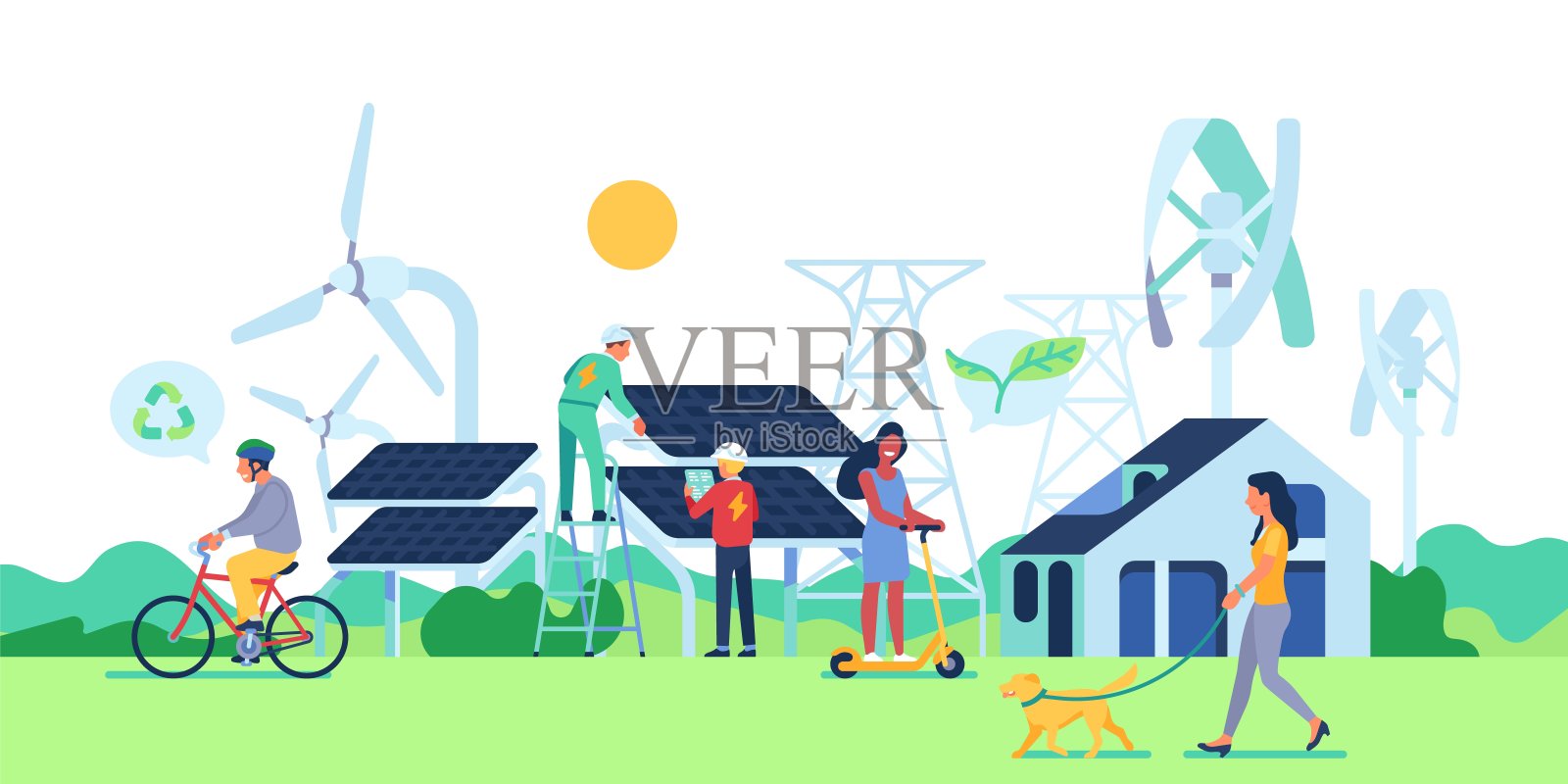 绿色能源城市居民。生态环境的人。扁平风格的男女在公园散步。风车和太阳能电池板。天然可再生电力来源。向量的概念插画图片素材