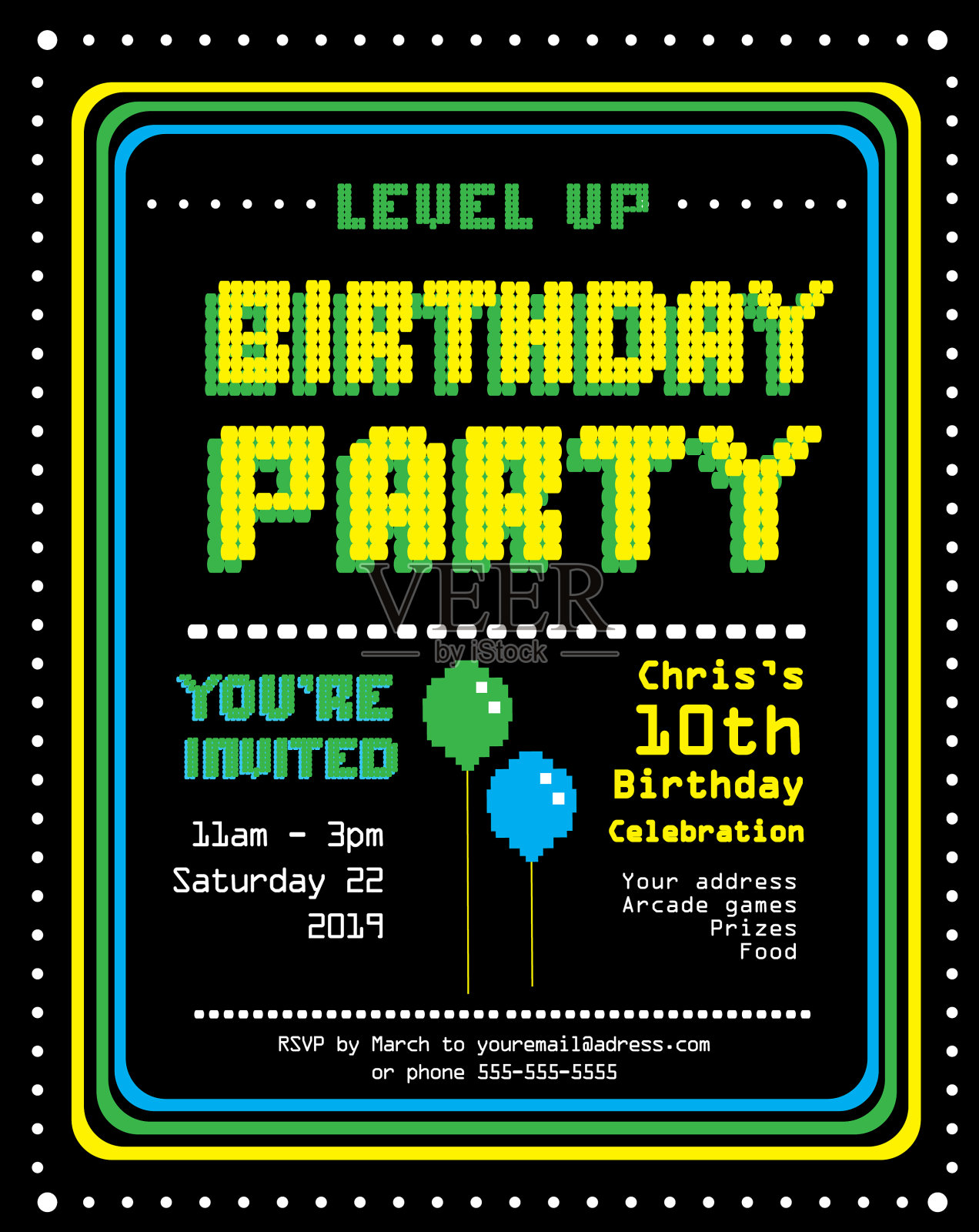 复古街机生日派对邀请设计模板插画图片素材