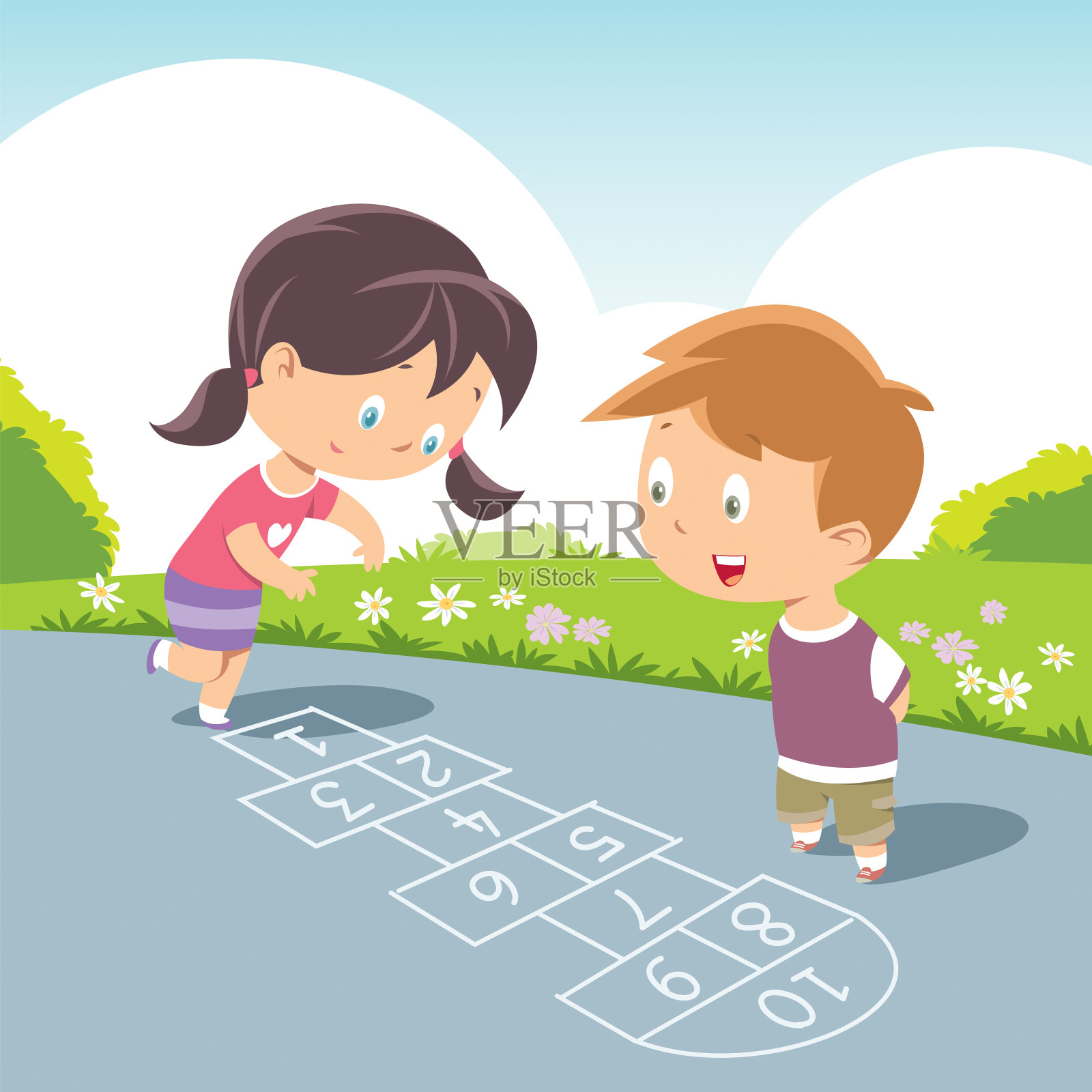 孩子们在玩跳房子游戏插画图片素材