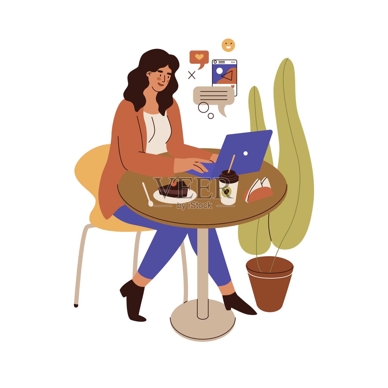 现代女性在咖啡馆的桌子上用笔记本电脑工作。女商人一边喝咖啡，一边在餐馆工作。在线工作、教育或购物。平面风格的矢量插图。孤立。设计元素图片