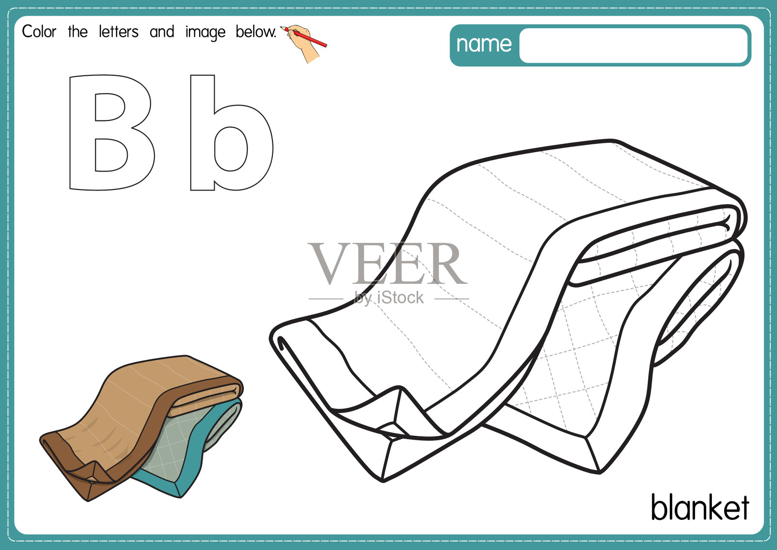 矢量插图的儿童字母着色书页与概述剪贴画，以颜色。字母B代表毛毯。插画图片素材
