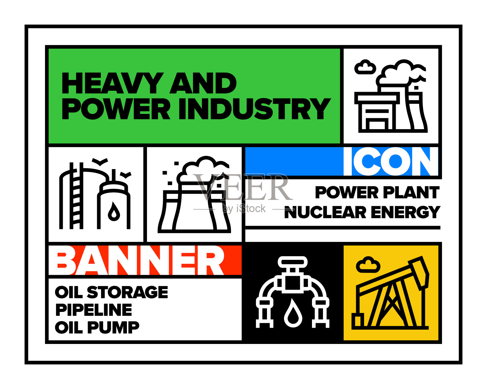 重型和电力工业线图标集和横幅设计插画图片素材