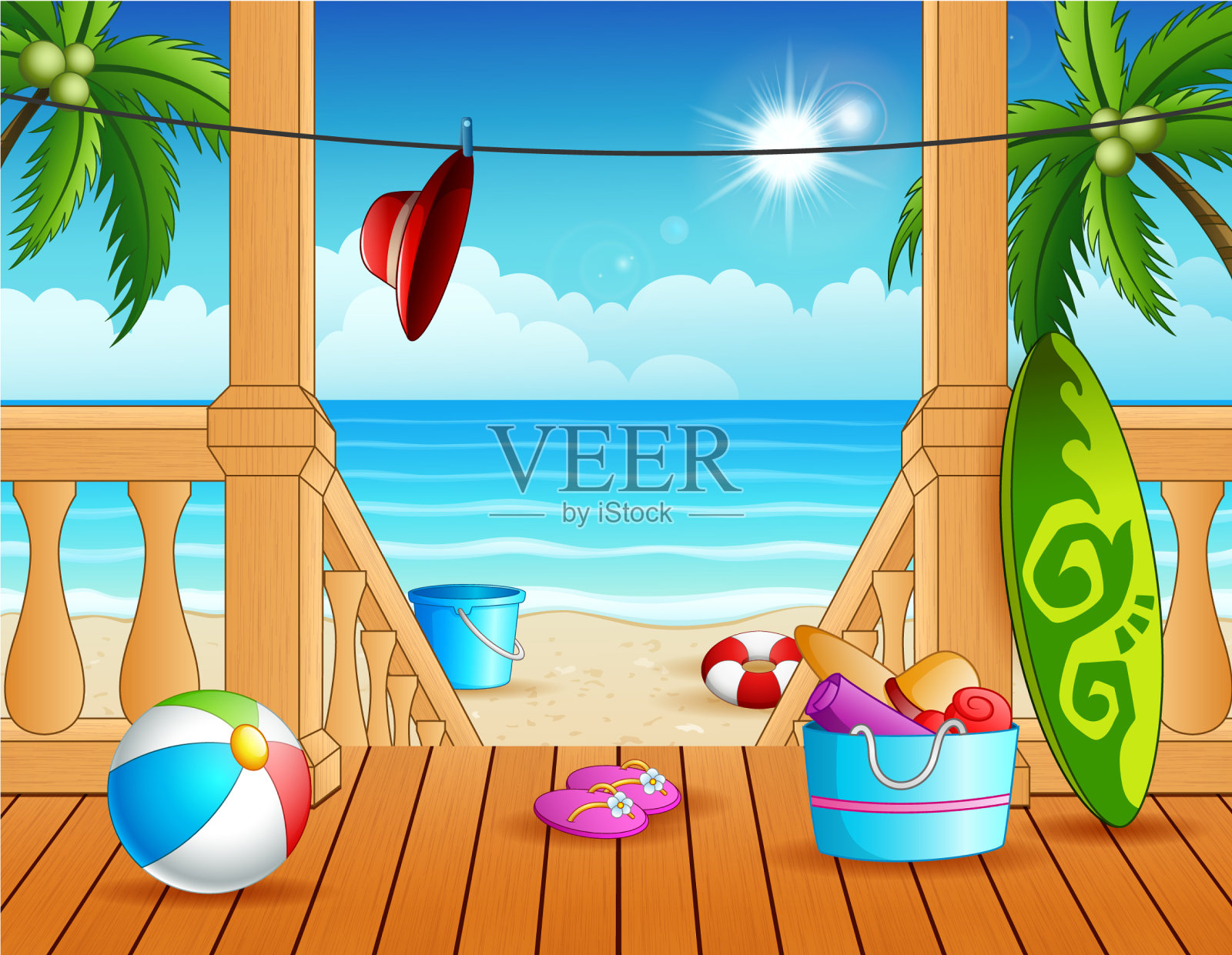 阳台俯瞰海滩和许多玩具插画图片素材