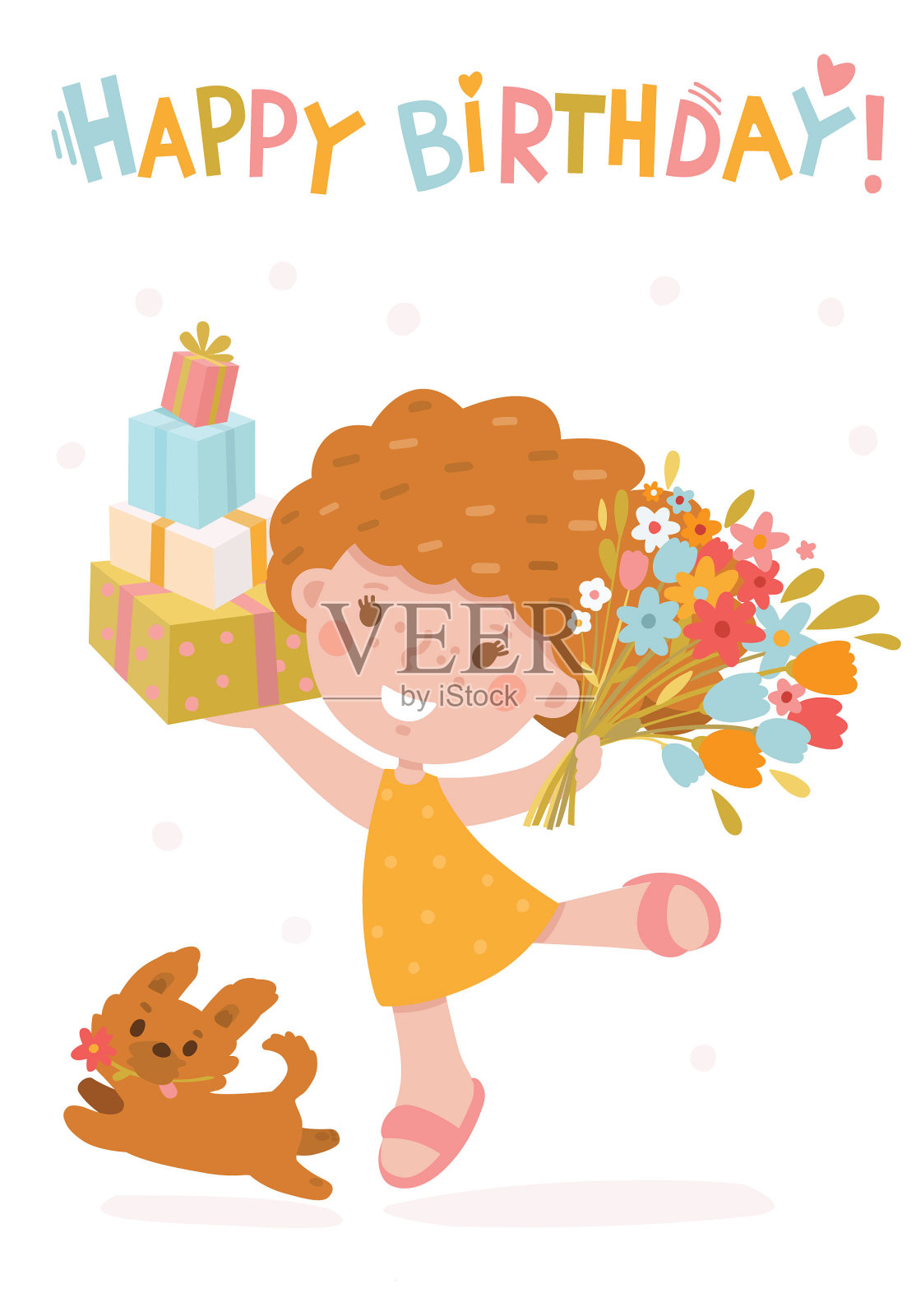 一个小女孩和她的小狗的生日贺卡插画图片素材
