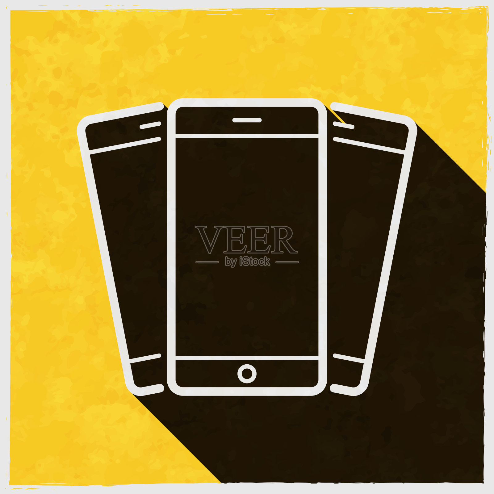 一套移动电话。图标与长阴影的纹理黄色背景插画图片素材