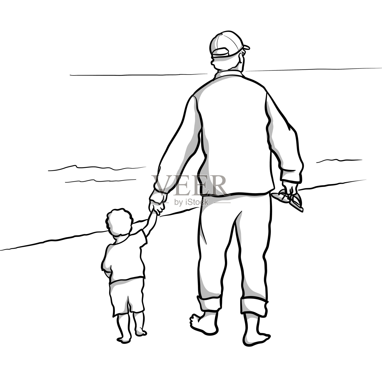 爸爸和宝宝散步海滩插画图片素材