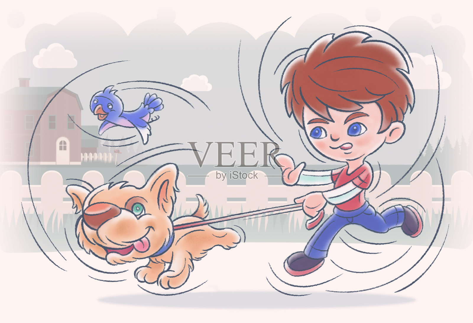 小孩带着狗跑插画图片素材