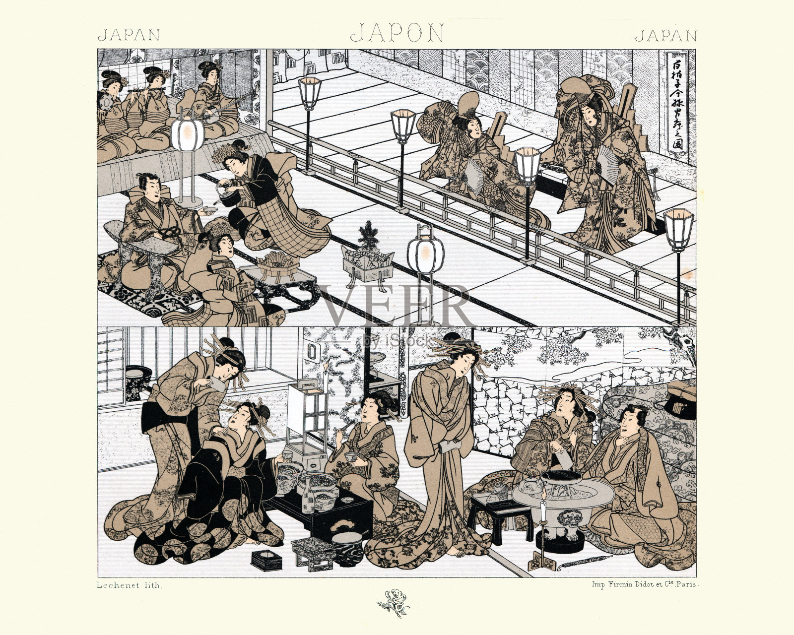 传统日本家庭场景，19世纪插画图片素材