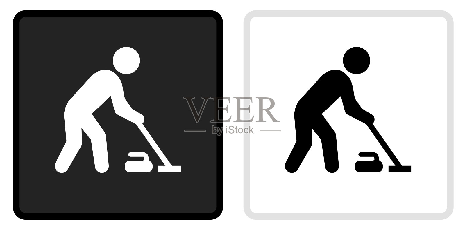 黑色按钮上的冰壶图标，带白色悬停效果插画图片素材