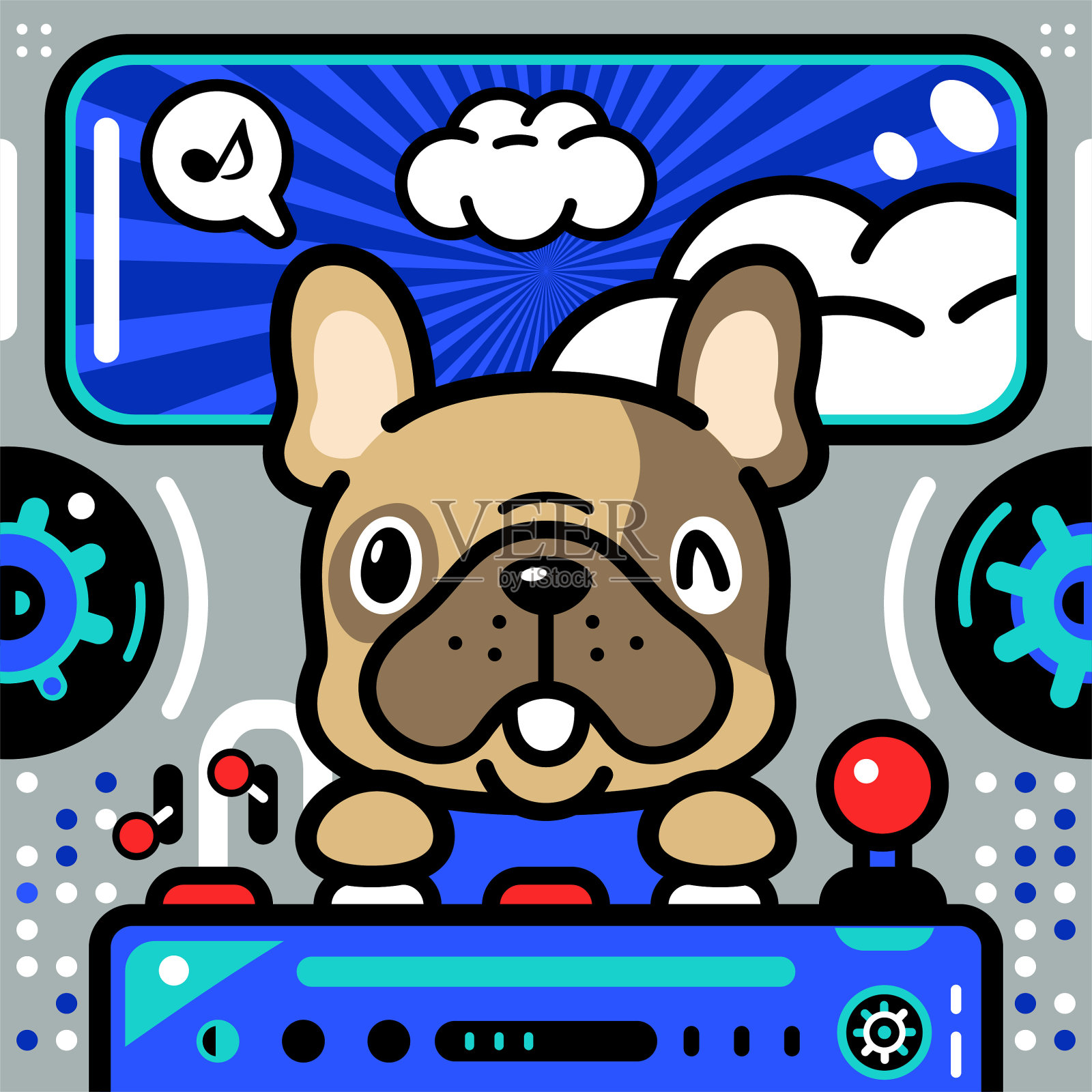 可爱的花斑法国斗牛犬驾驶着宇宙飞船插画图片素材