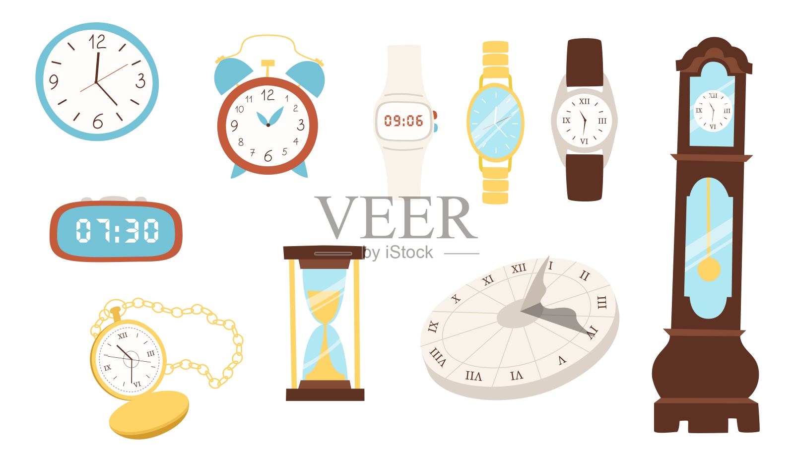 一套平面时钟。向量集孤立在白色背景上。古董表和电子表。手表和沙漏。日晷和塑料报警器。插画图片素材