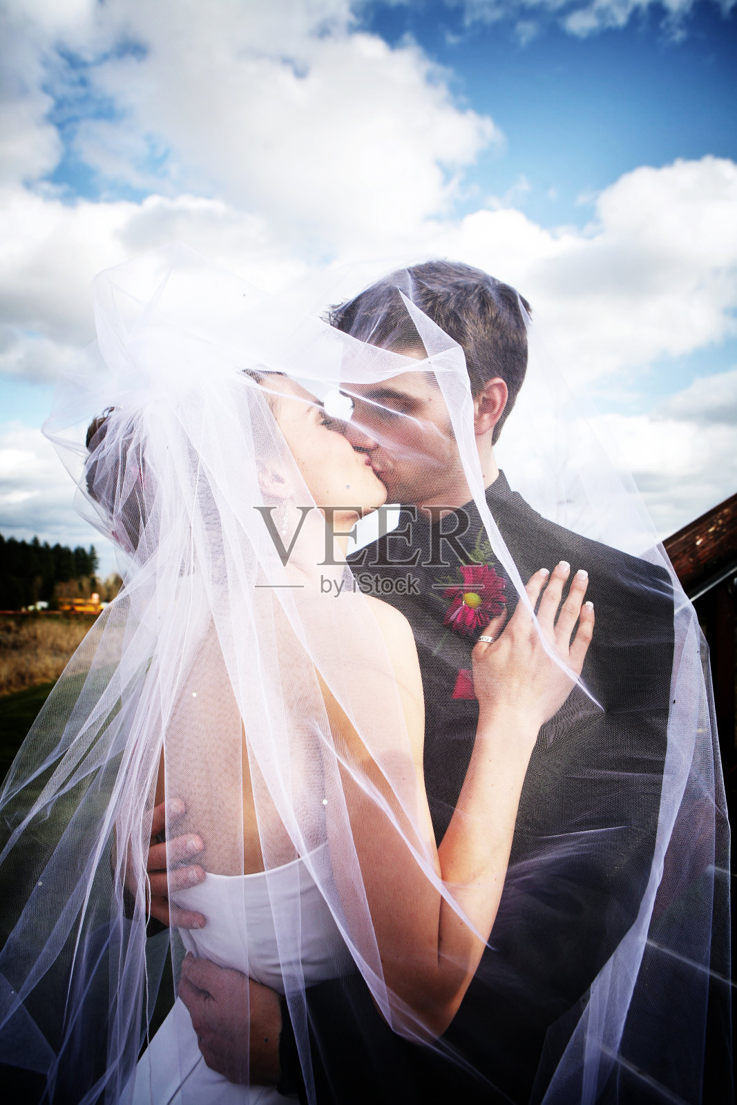 新娘和新郎亲吻户外肖像照片摄影图片