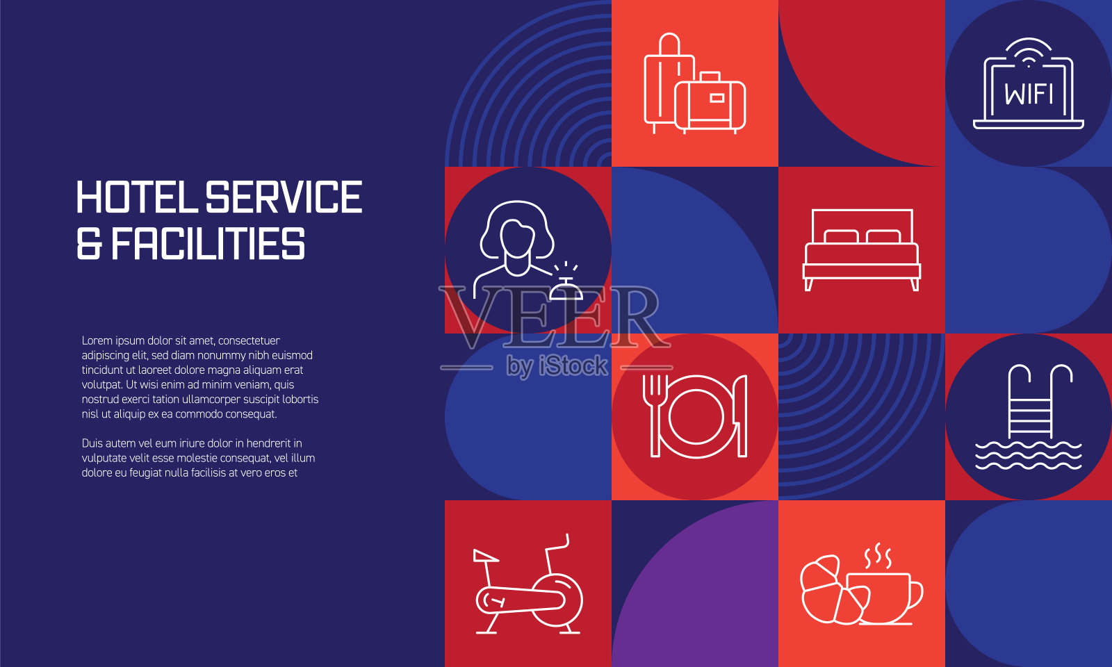 与线路图标相关的酒店服务设计。简单的轮廓符号图标。设计模板素材