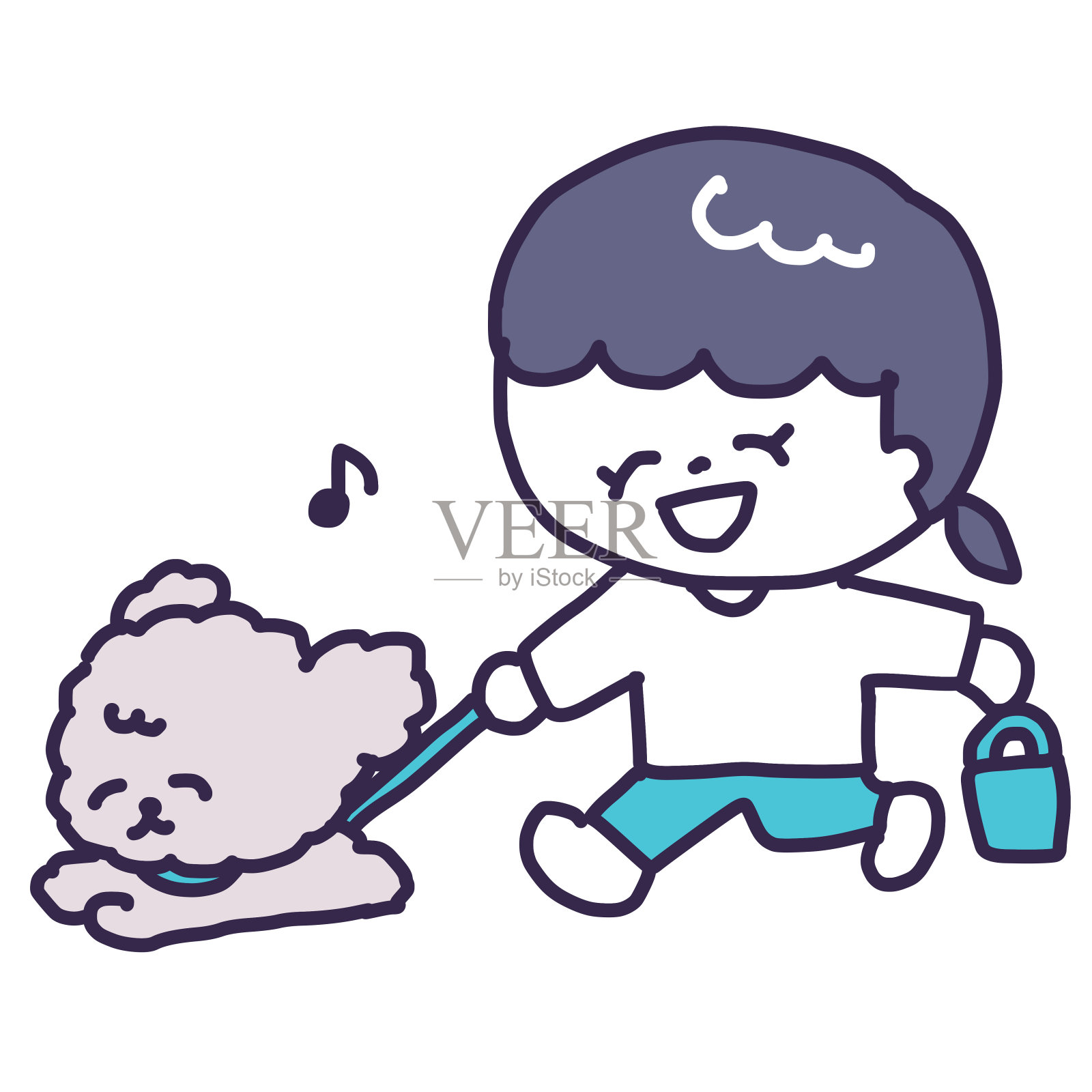 可爱的插图，一个微笑的女孩带着一个庄园的育儿袋遛着一只玩具贵宾犬(全身)插画图片素材