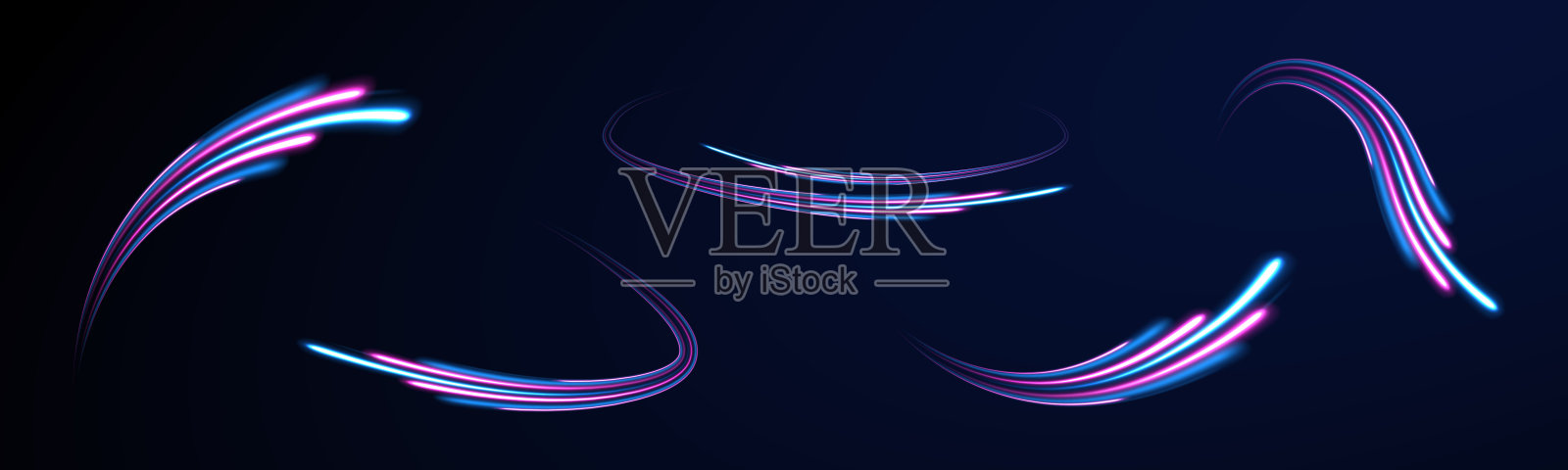 彗星是蓝色的。抽象的白色波浪。矢量魔力发光的星星灯光效果与霓虹灯模糊曲线。闪闪发光的半透明彗星散景。旋涡曲线的影响。插画图片素材
