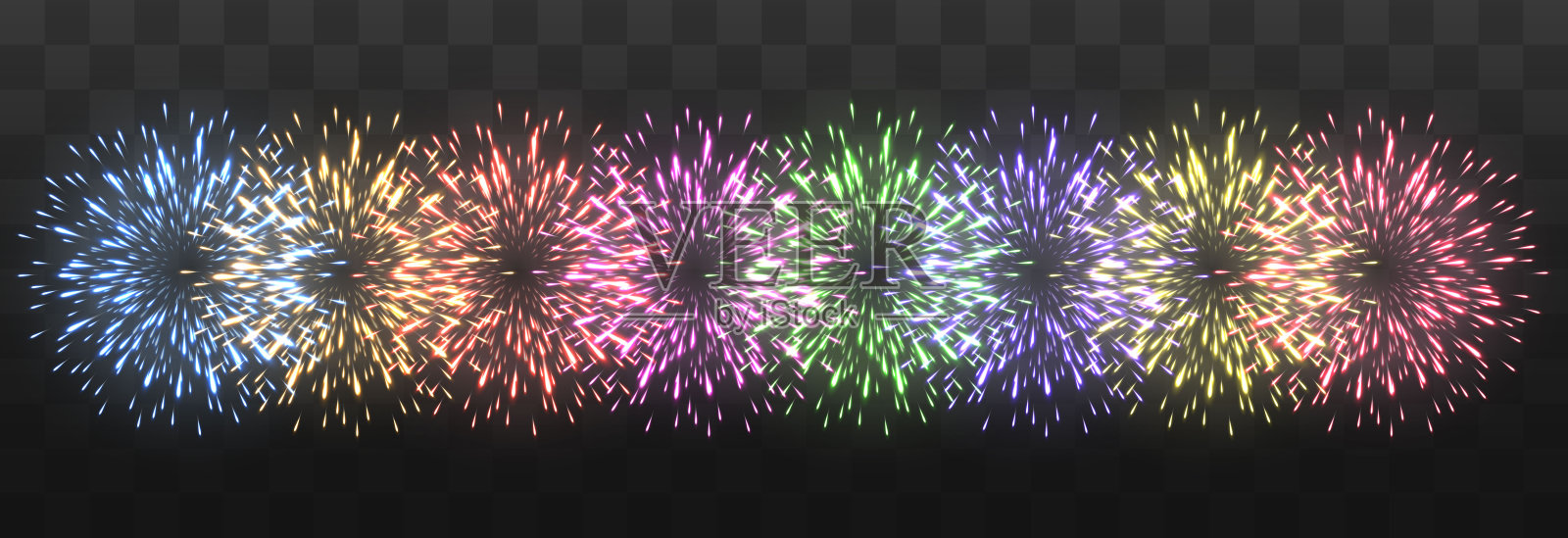 节日的焰火，闪烁着明亮的火花。除夕夜的烟火。真实的火花和爆炸。五彩缤纷的烟火表演。矢量隔离透明背景。插画图片素材