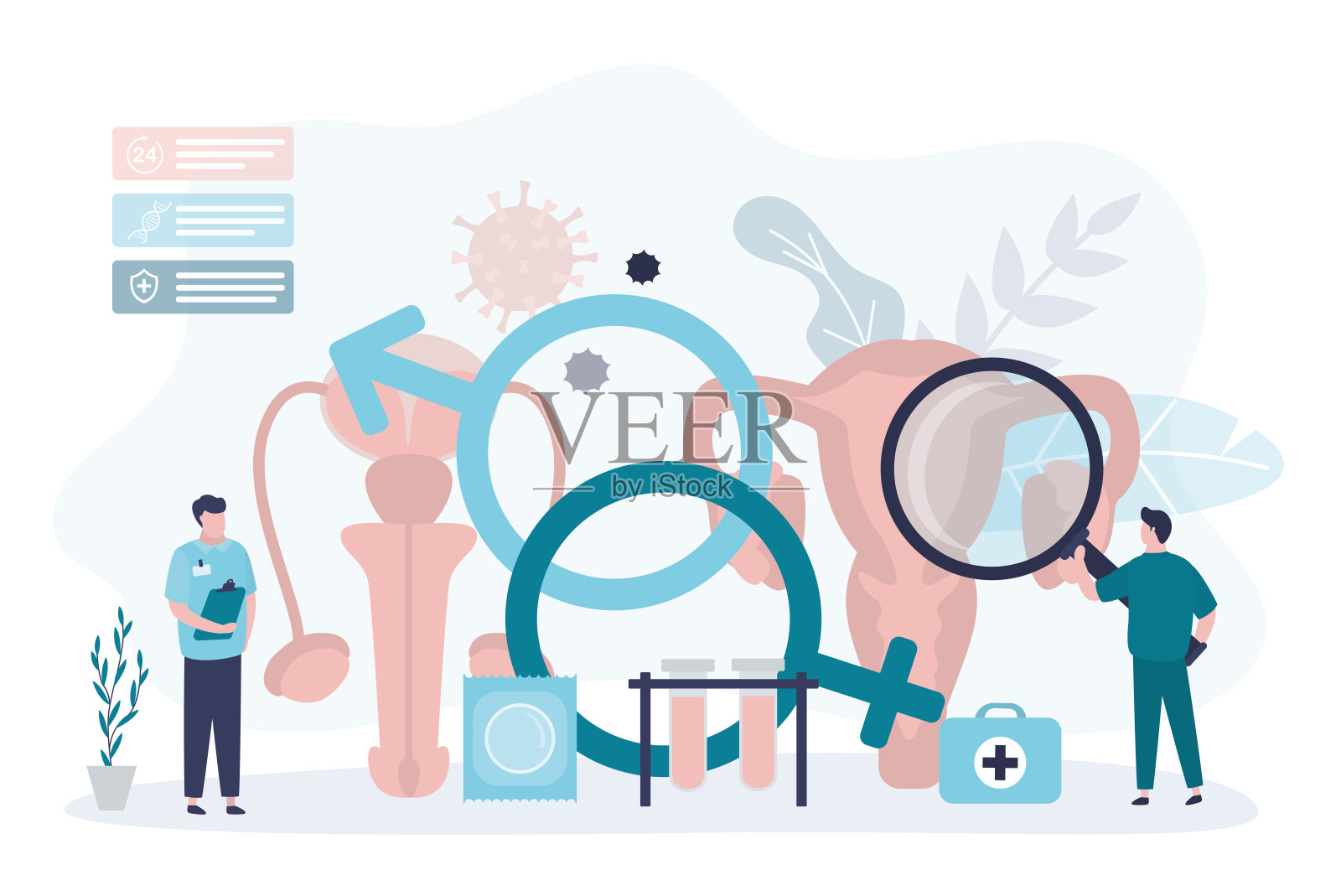 医生用放大镜检查生殖器是否有性病插画图片素材