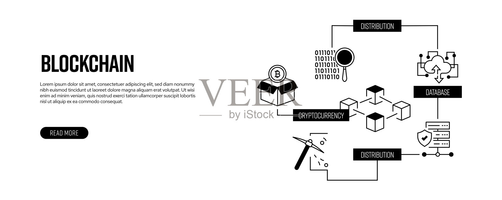 区块链相关的横幅设计。技术，比特币，连接，未来主义，数据库，虚拟现实插画图片素材
