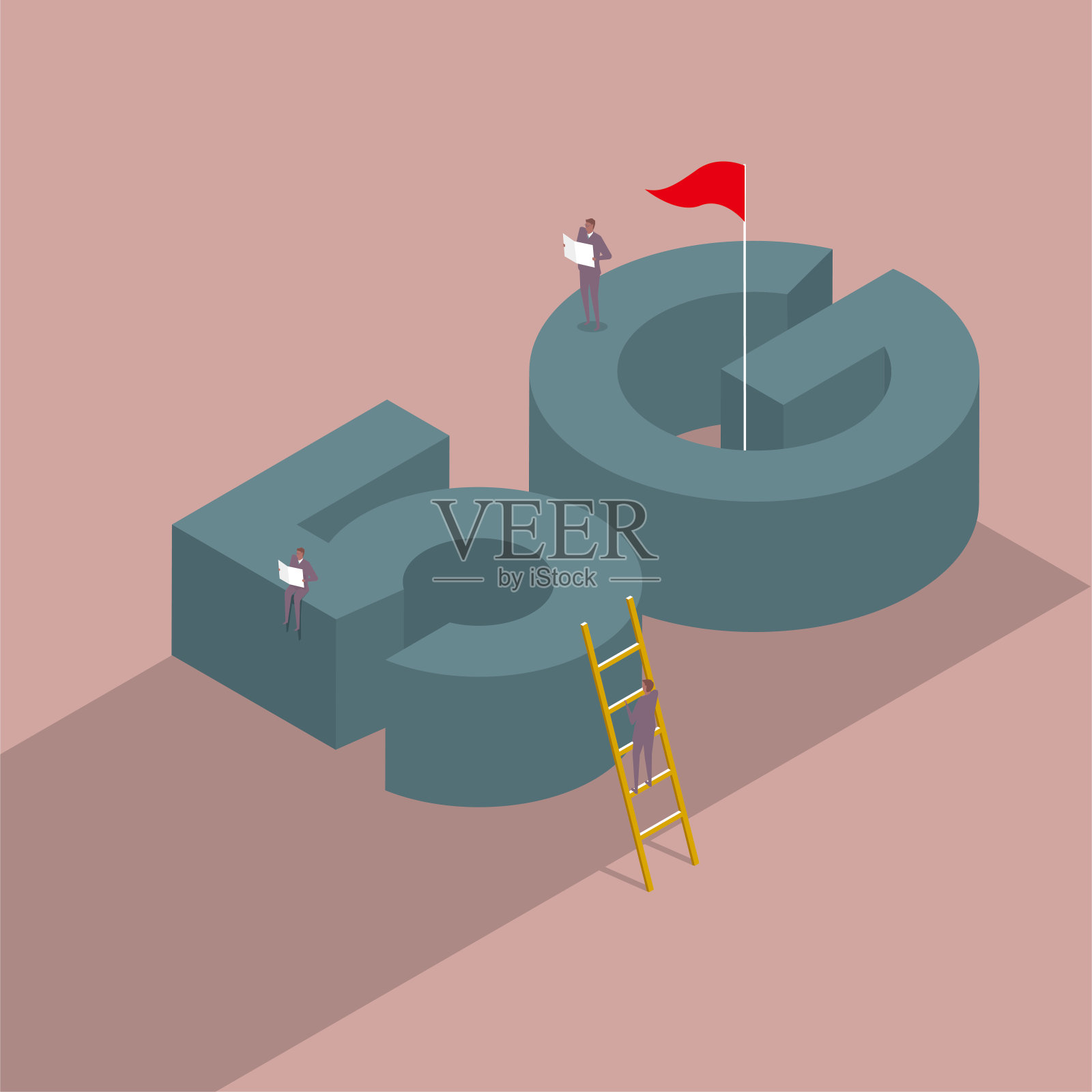 矢量画了5G通信符号，两名商人在上面看书。孤立在棕色背景上。插画图片素材