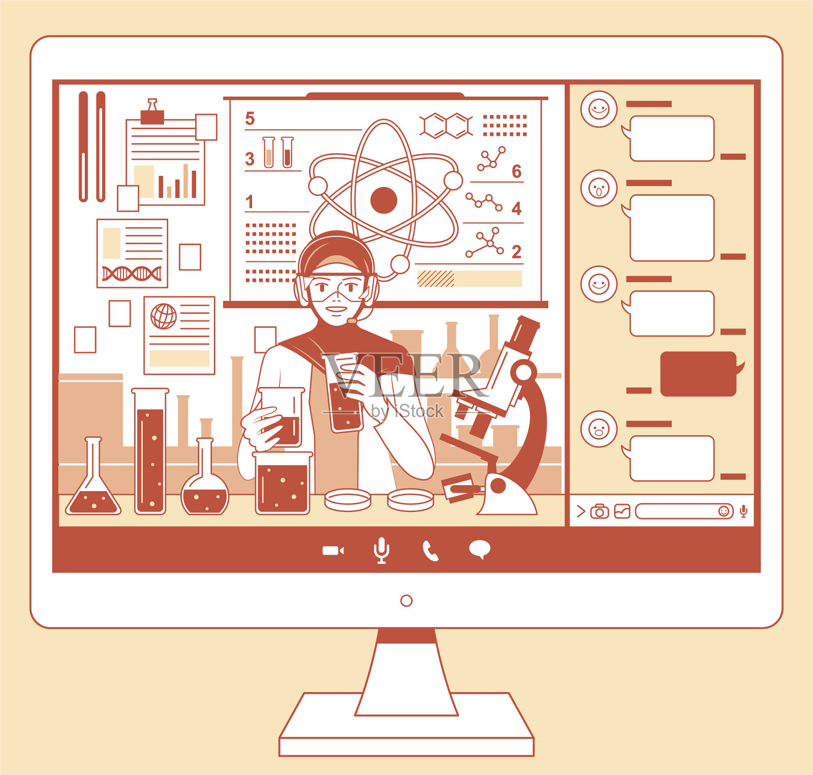 戴着头巾和耳机，通过电脑屏幕在线授课的年轻穆斯林女教师（科学家，生物化学家），科学实验和在线学习概念插画图片素材