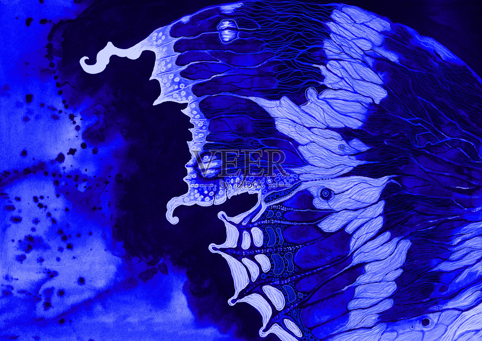 时尚的插图现代艺术作品与水彩在纸上水平的春夜装饰风景翅膀的美丽的蝴蝶对黑暗的天空和流动的水彩在紫罗兰和深蓝色滴插画图片素材