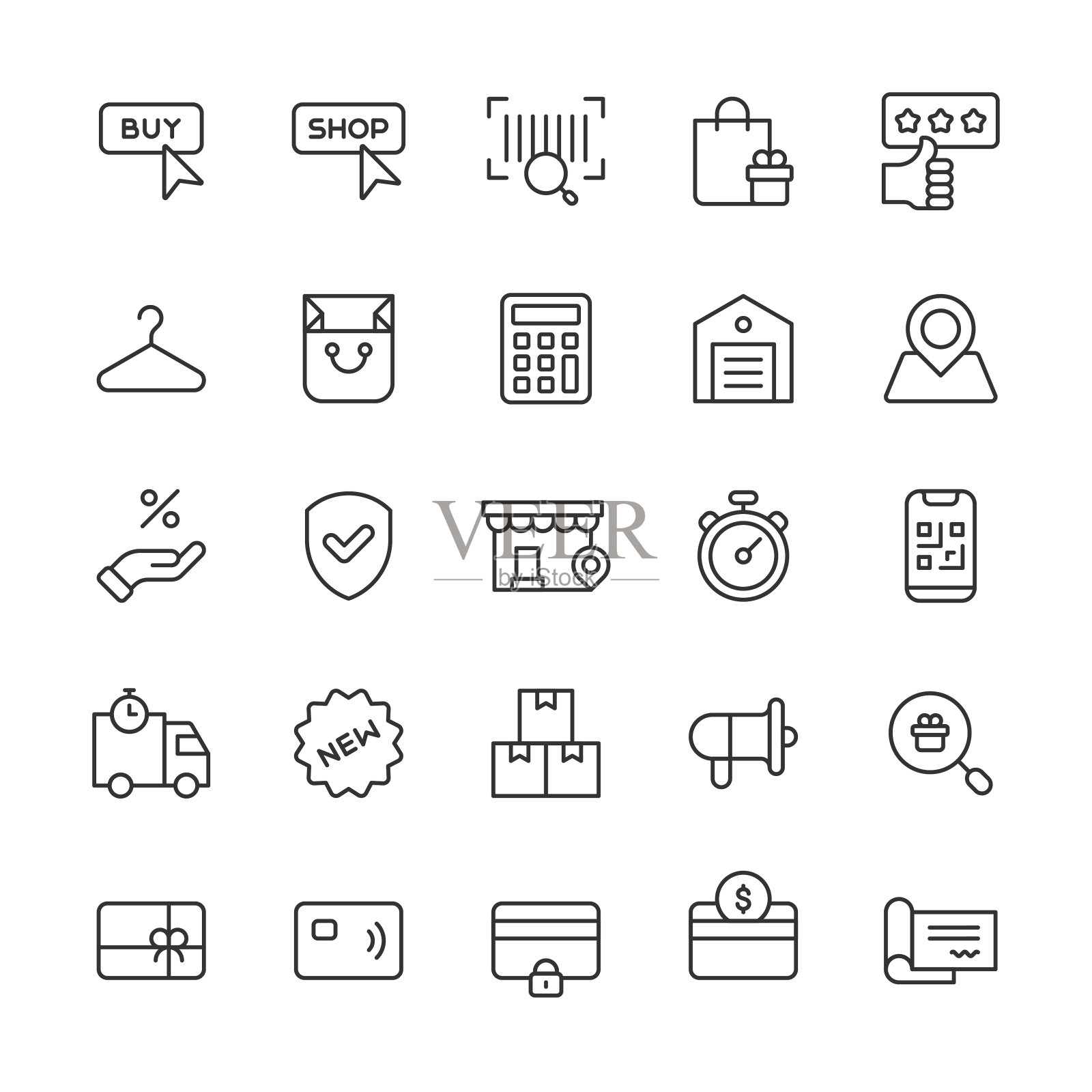 购物和电子商务系列图标。可编辑的中风。像素完美。移动和网络。包含袋子，信用卡，客户支持，送货，杂货，钱，网上购物，包裹，付款，价格，销售，购物车，商店，运输等图标。图标素材