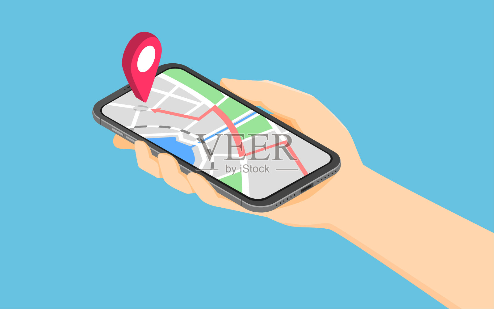 平面3d等距手持智能手机与地图上的精确应用插画图片素材
