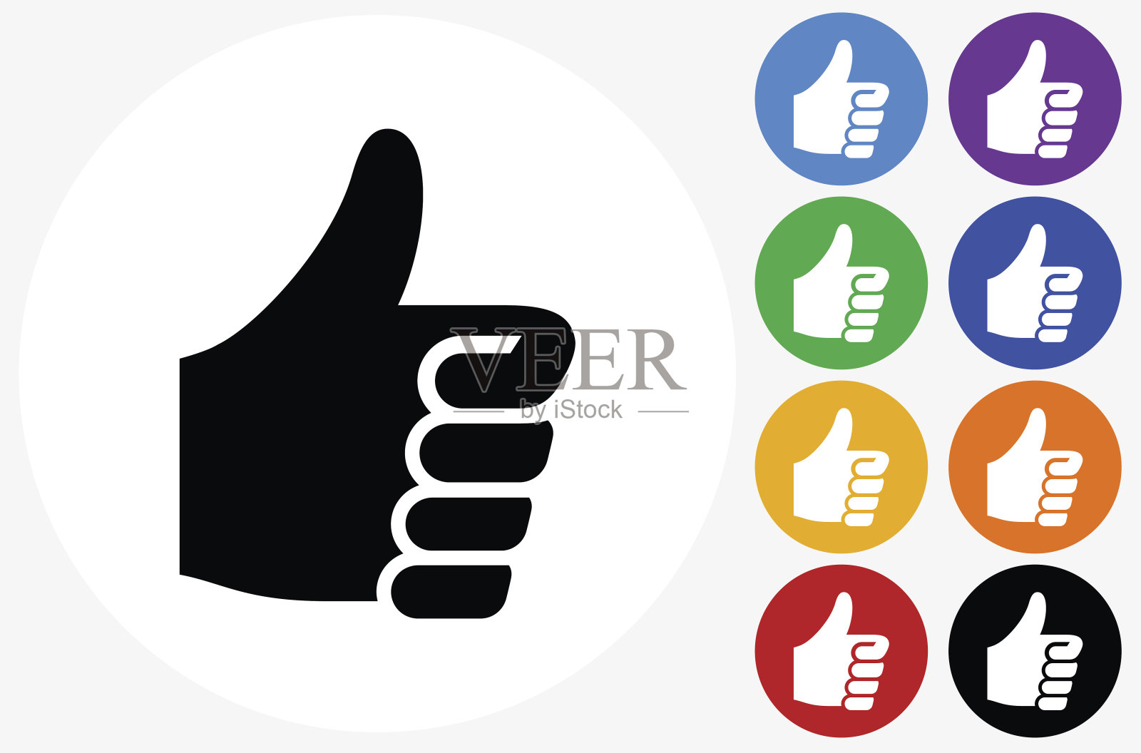 大拇指上的图标在平面颜色的圆圈按钮插画图片素材