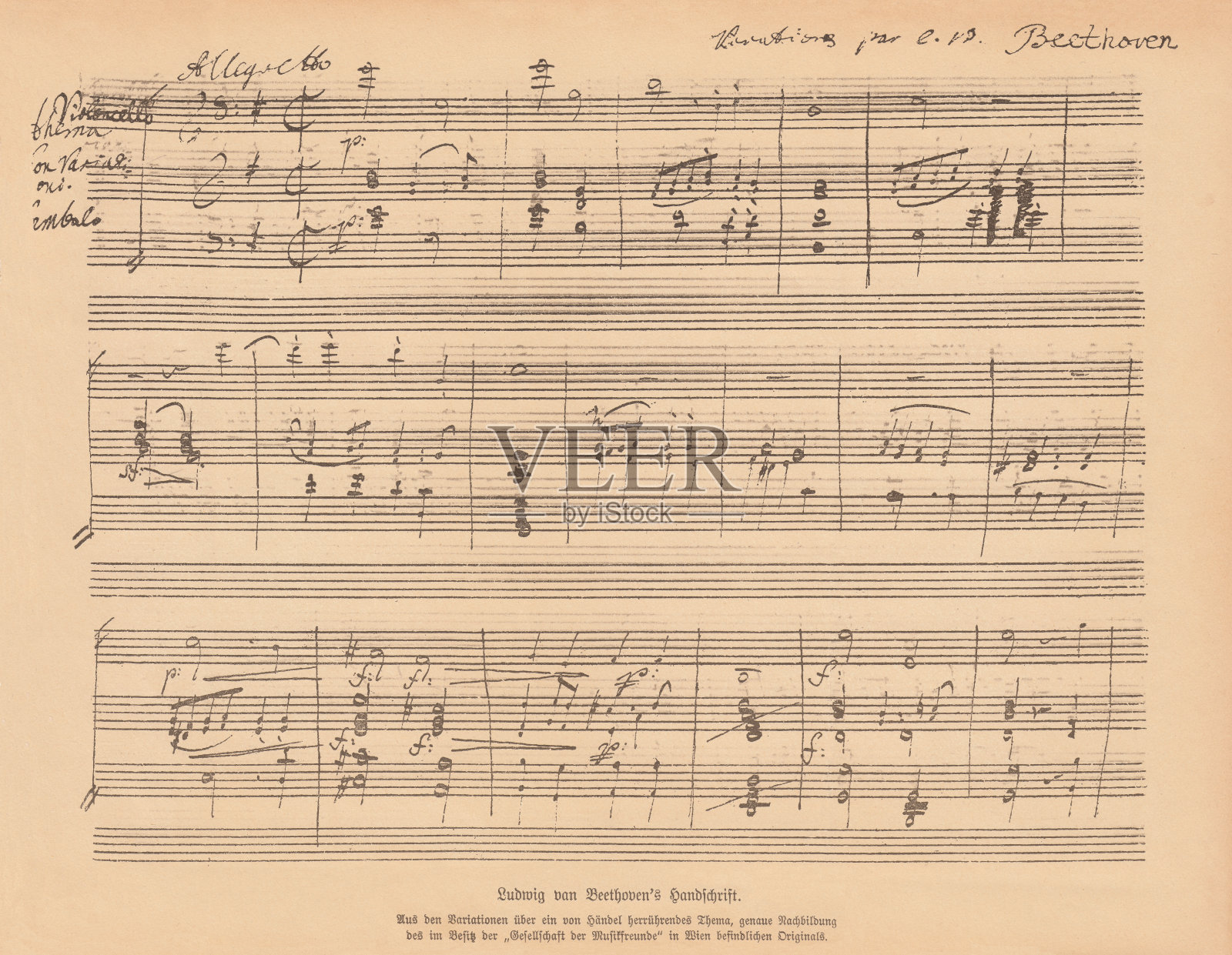 路德维希·凡·贝多芬手写手稿，复写，1885年出版插画图片素材