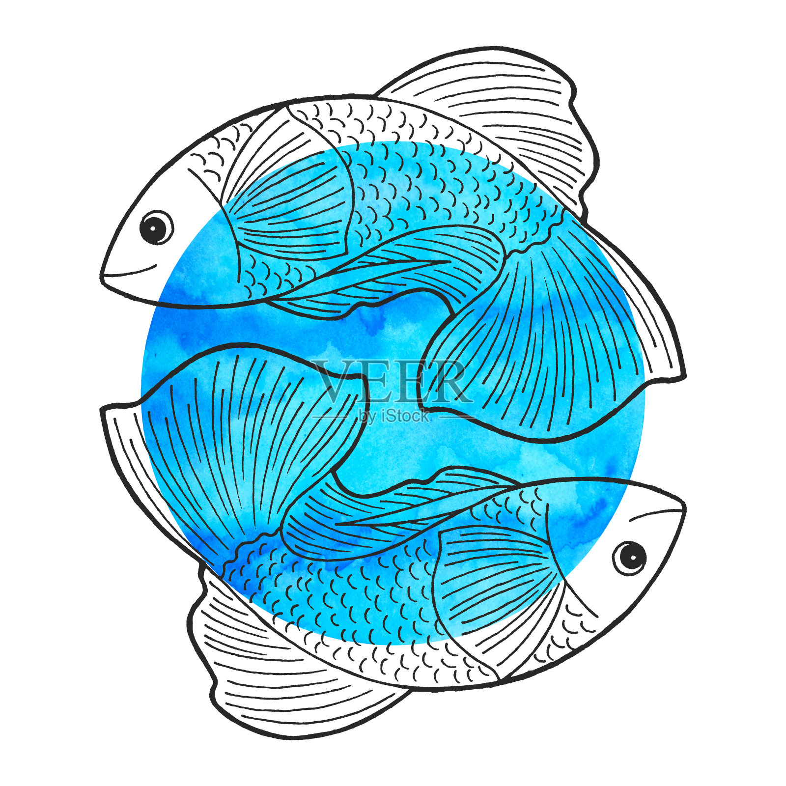 双鱼座生肖占星星座符号标志图标设计水元素彩色艺术背景水彩画卡通插图财富插画图片素材