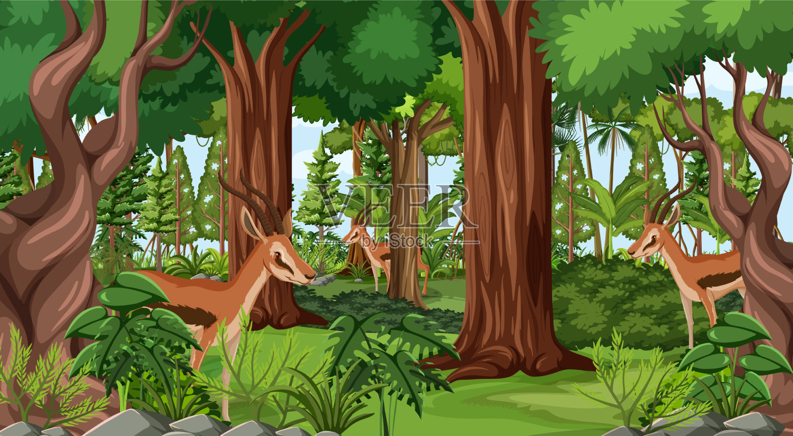 森林景观背景中的野生动物插画图片素材