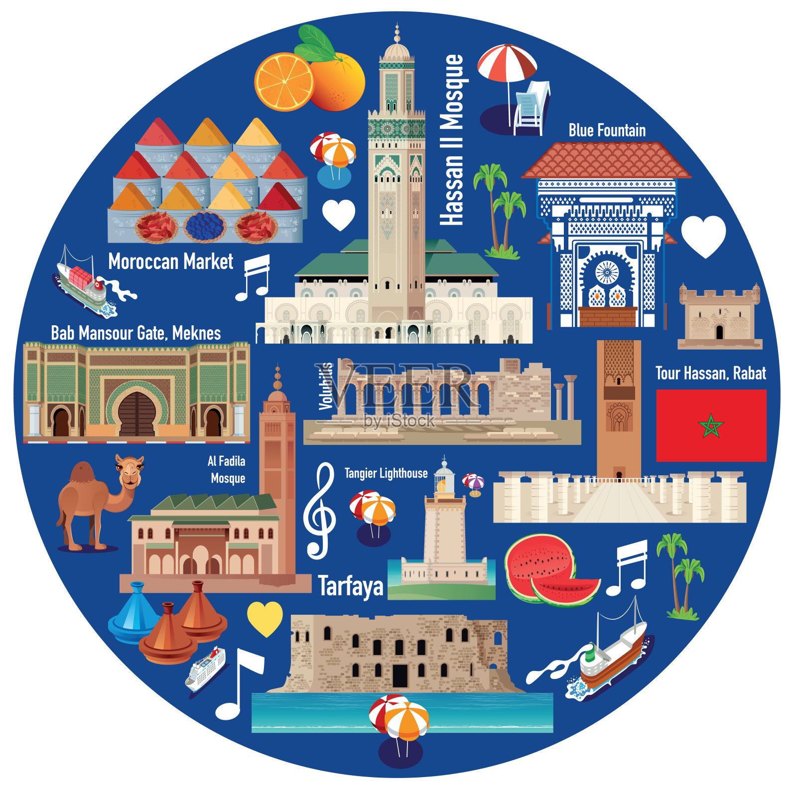 摩洛哥的旅行，卡萨布兰卡，拉巴特，销售，马拉喀什，马拉喀什，丹吉尔，麦吉尔，米加伊马，尤西玛，特吉拉，提图安，提图安，提图拉，提图拉，萨菲，穆哈内加，哈桑2莫斯克，穆萨克，法迪拉，拉巴特，鲁拜利斯，麦加插画图片素材